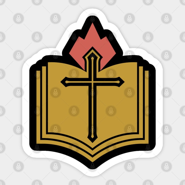 The cross of the Lord Jesus Christ, an open Bible and a flame of fire are a symbol of the Holy Spirit. Sticker by Reformer